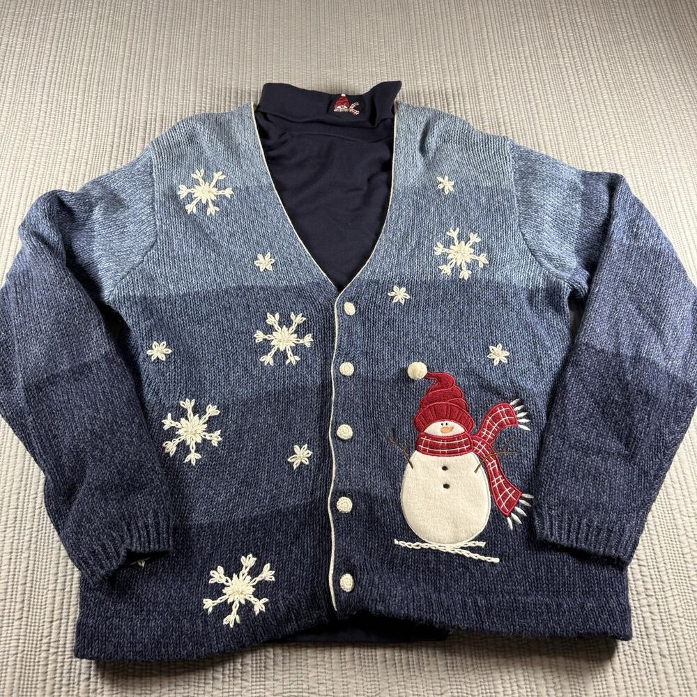 Vintage Timberlea Cardigan Sweater Holiday Women’s L Snowman Snowflakes Novelty